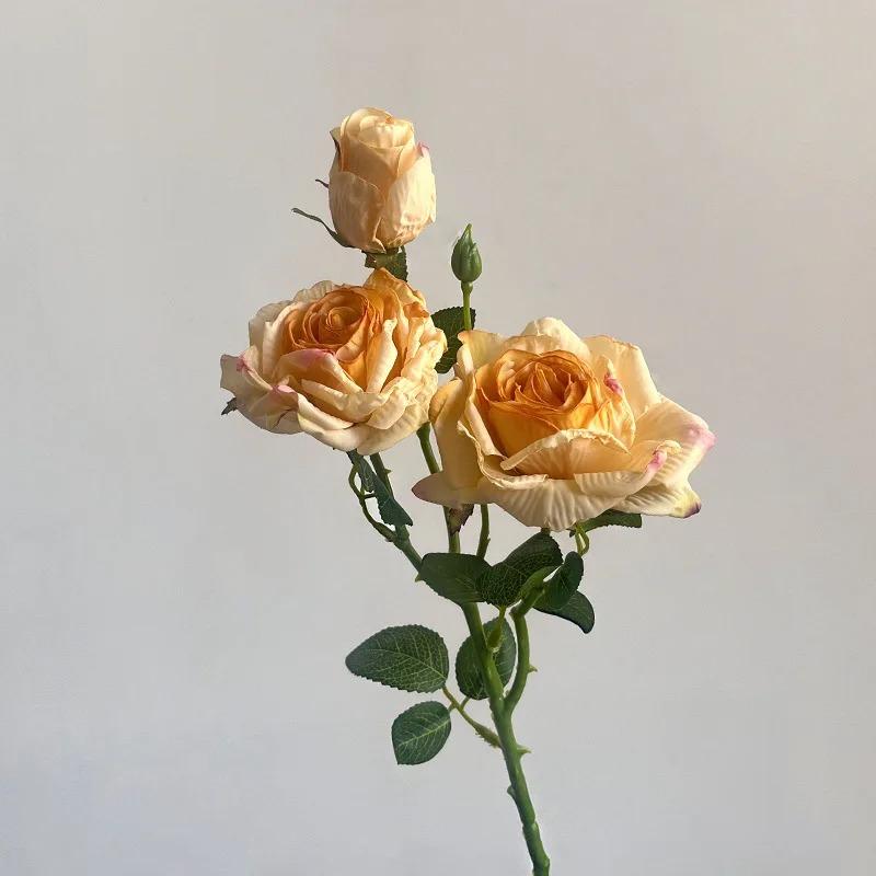 1pc Vintage Fake Flower Elegant Multi Head Rose Flower Simulation Flower Dramatic 3-Head Burnt Edge Rose For Living Room Centerp