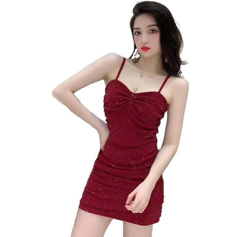 American temperament Spice girl sexy suspender dress women's summer new backless pleated tight and thin hip skirt
