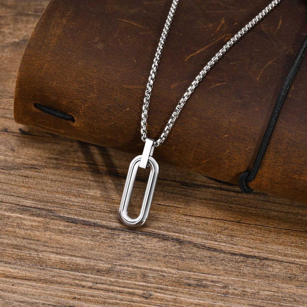 Men Geometric Necklaces, Waterproof Stainless Steel Hollow Pin Shaped Pendant with Box Chain Collar, Gifts for Him Jewelry