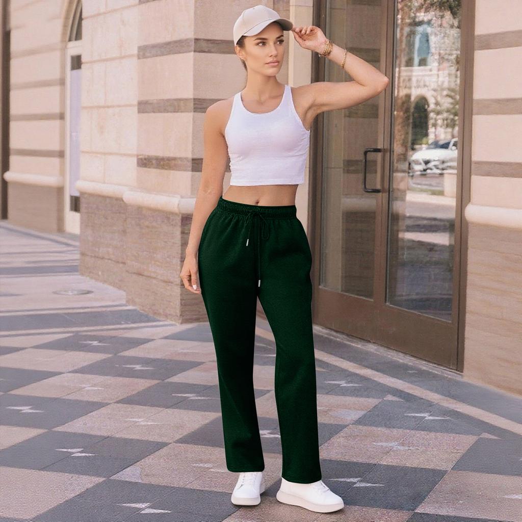 Dambyxor med vida ben, fleecefodrade, lösa, raka, vardagliga byxor, sportjoggingbyxor med fickor