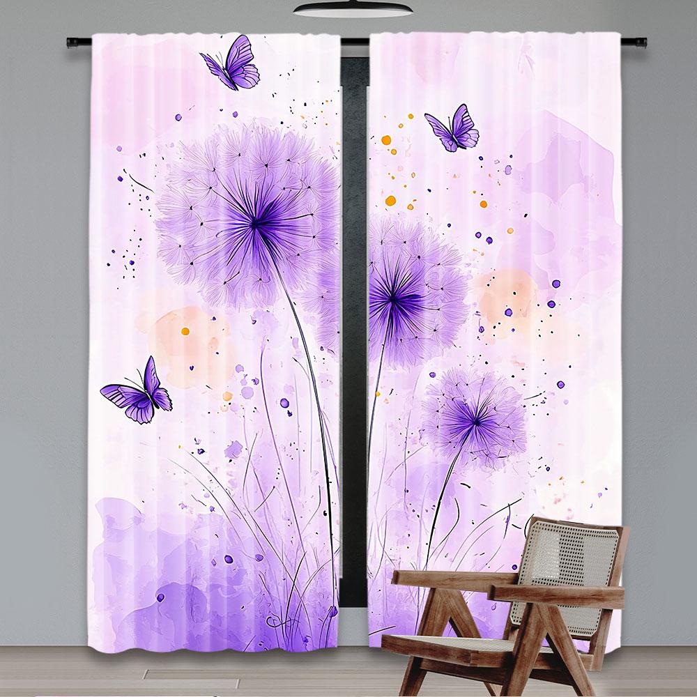 2Pcs Dandelion Curtains Butterfly Rustic Farmhouse Curtains For Adults Purple Gradient Romantic Suitable For Living Room Bedroom