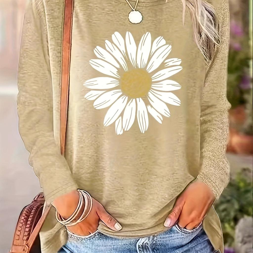 Stilvolles T-Shirt mit floralem Print und Rundhalsausschnitt - Weiche Baumwollmischung, Mittlere Elastizität,