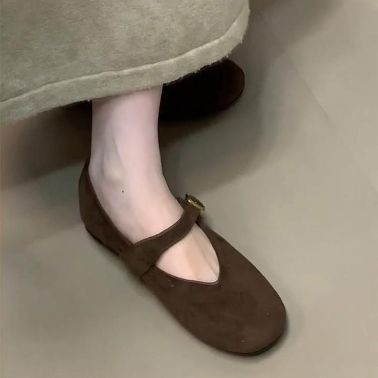 Soft leather version~ French retro suede Mary Jane shoes women's new one-word buckle strap flat bottom round head ballet shoes