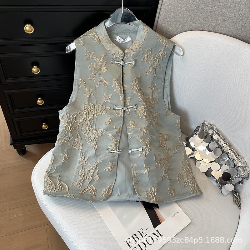Blue butterfly embroidered vest temperament disc buckle sleeveless versatile European early spring top