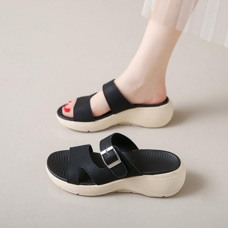 Thick-soled Slippers Women's Summer Simple Round Head Outer Wear Belt Buckle Slope Heel Sandals Casual Soft Bottom One-word