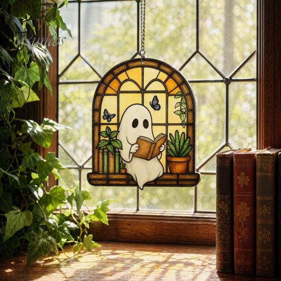 Window Suncatcher Decoration Halloween Ghost Reading Sun Catcher, Stained Glass Style Hanging Double-sided Translucent Ornament, Cute for Home Garden