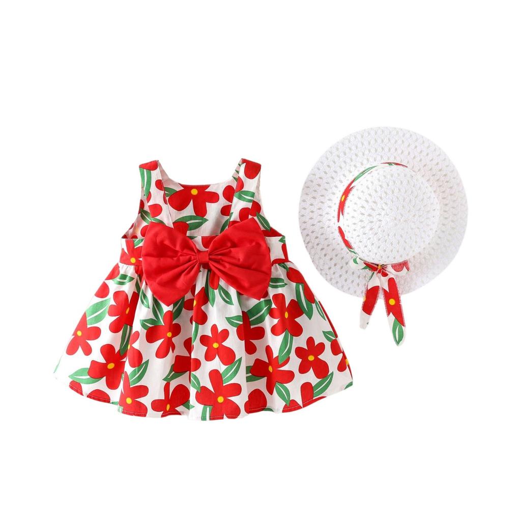 Letní dětské šaty bez rukávů a klobouk - Roztomilý květinový potisk, princeznovský outfit
