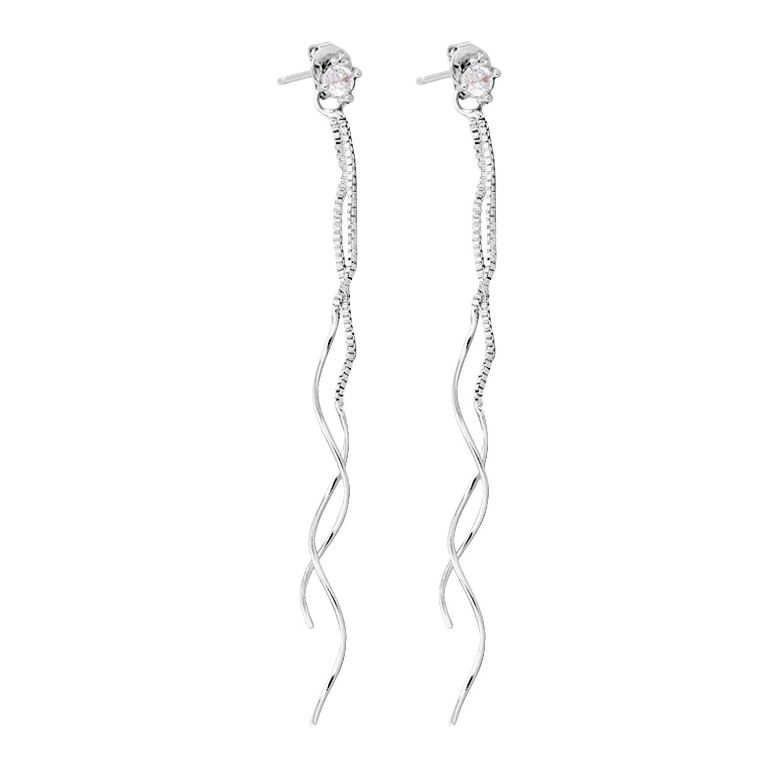 

Zircon Wave Earrings Simple Korean Drama Star Commuter Earchain Long Curve Four-Claw Diamond Fringed Earrings Copper (White Gold)