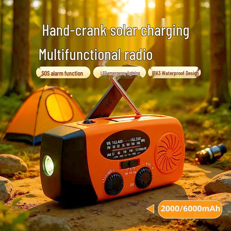 Hand-Crank Solar Radio with SOS Alarm & LED Light, IPX3 Waterproof