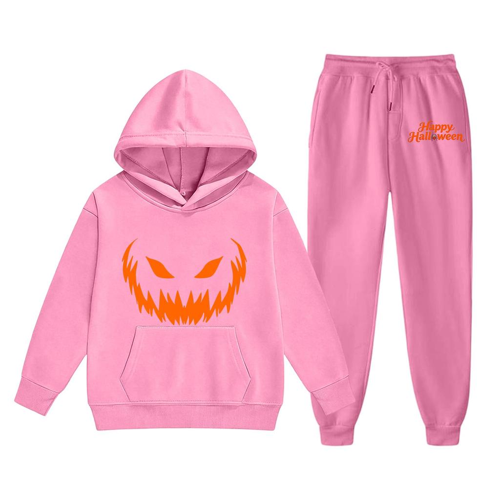 Kids Halloween Hoodie Set with Pumpkin Face Print Long Sleeve Pullover Top and Matching Pants Comfortable Fit for Boys and Girls