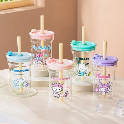 For Sanrio Collaboration Straw Cup High Borosilicate Glass Cup with Lid Cartoon HelloKitty Water Cup Home Juice Mup for Kids