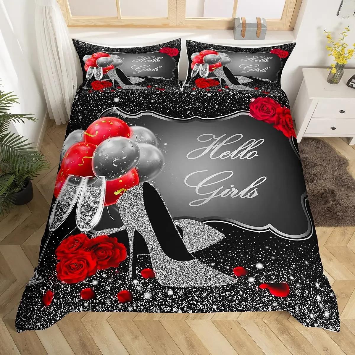 

Young Girls High-Heled Shoes Rose Soft Duvet Cover Gliter Pink Beding Set Romantic Warm Comforter Cover Quen for Tens Woman Bedrom Decor 135*200cm Eu-Single