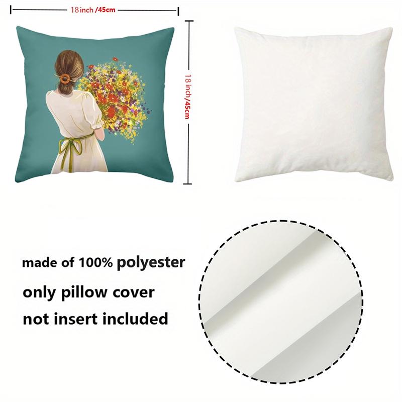 Four Pillow Covers With Girl And Flower Pattern Polyester Pillowcase, Sofa Decorative Cushion Cov Headboard Pillow