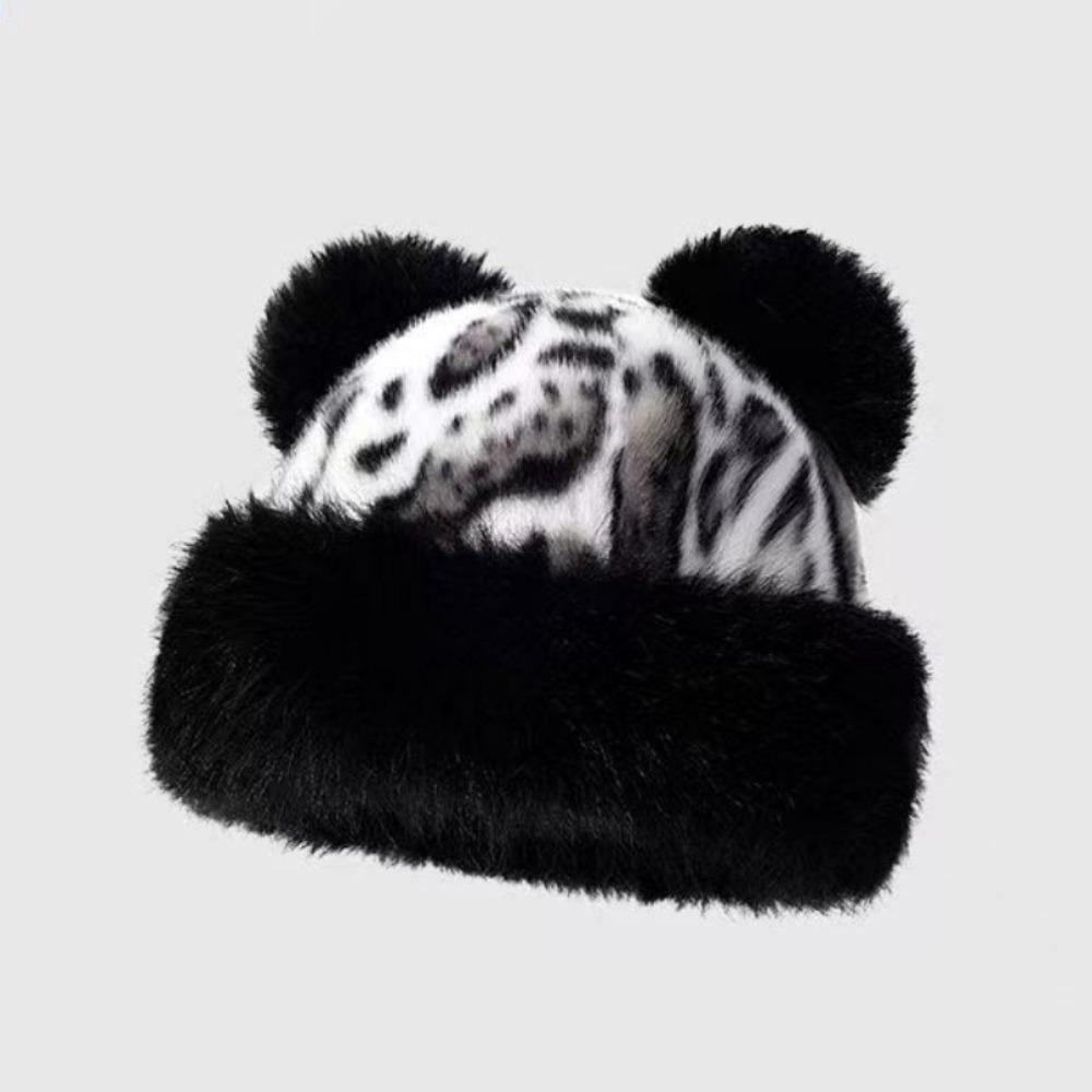 

Warm Cap Bear Ears Plush Hat Brimless Mink Fur Fisherman Hat Leopard Print Bucket Hat Ski Style 4