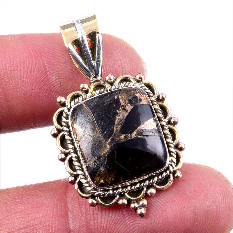 

Natural Black Copper Turquoise 925 Solid Silver TwoTone Gift Pendant 1.5 w5S86