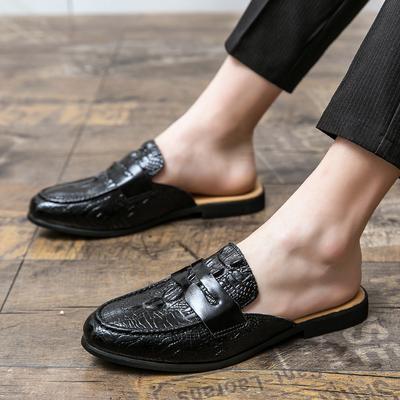 2025 Men's Bag Head Half-tray Leather Shoes Crocodile Pattern Half-tray Shoes Men's Heel-less Korean Version Men's Fashion Slippers Youth