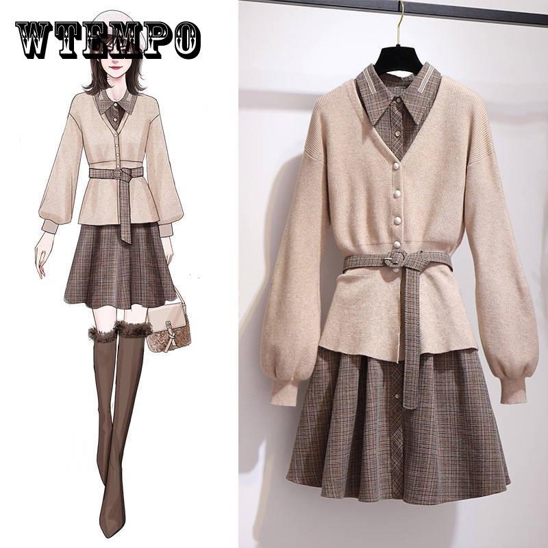 

Спортивная одежда, женское платье-кардиган из двух частей с рукавами-фонариками, теплая трикотажная нижняя юбка, костюм