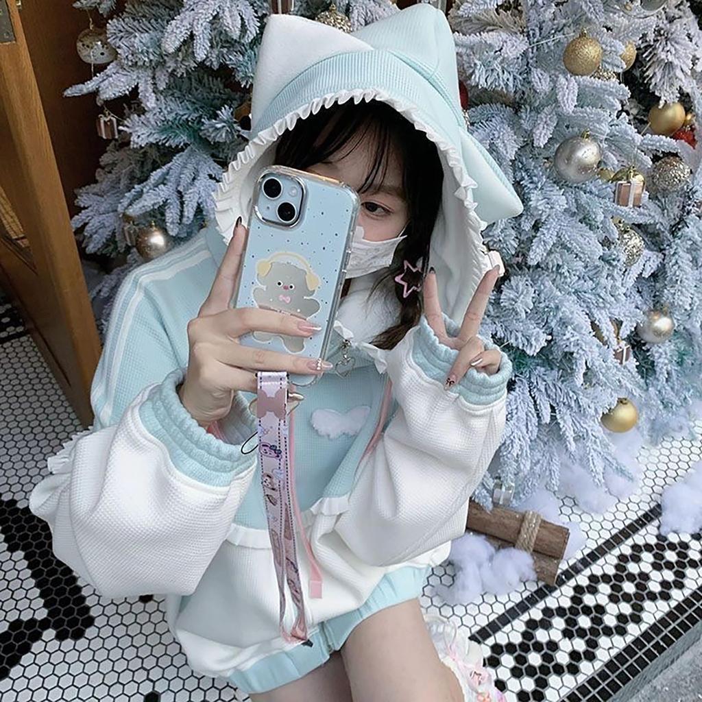 Lilikakoi Cat Ear Hoodie with Ears and Angel and Feather Cute Cat Ear Loose Light Blue Color Y2K Angel Harajuku Women's Frills, Wings, Pattern,