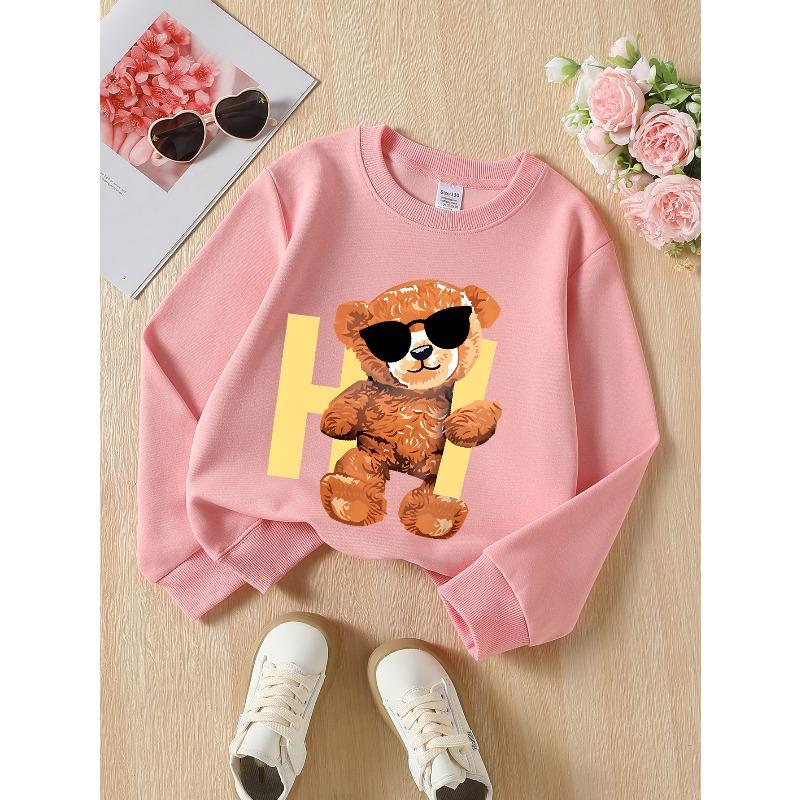 Girls' Crewneck Sweatshirt Cool Bear with Fashion Glasses And Letter H Machine Washable, Spring And Autumn
