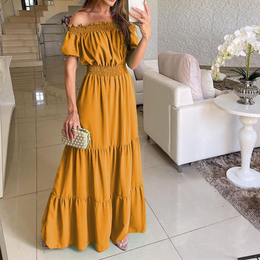 Women's Off The Shoulder Short Sleeve Solid Maxi Dress High Waist Loose Fit Casual Tiered Dress