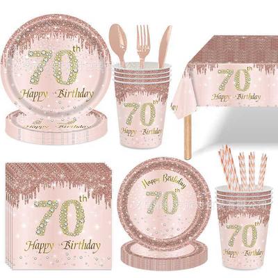 Roségoldenes und Diamant-70. Geburtstagsparty-Set, Einweg-Pappteller, Pappbecher, Tischdecken, Themen-Szenenarrangement