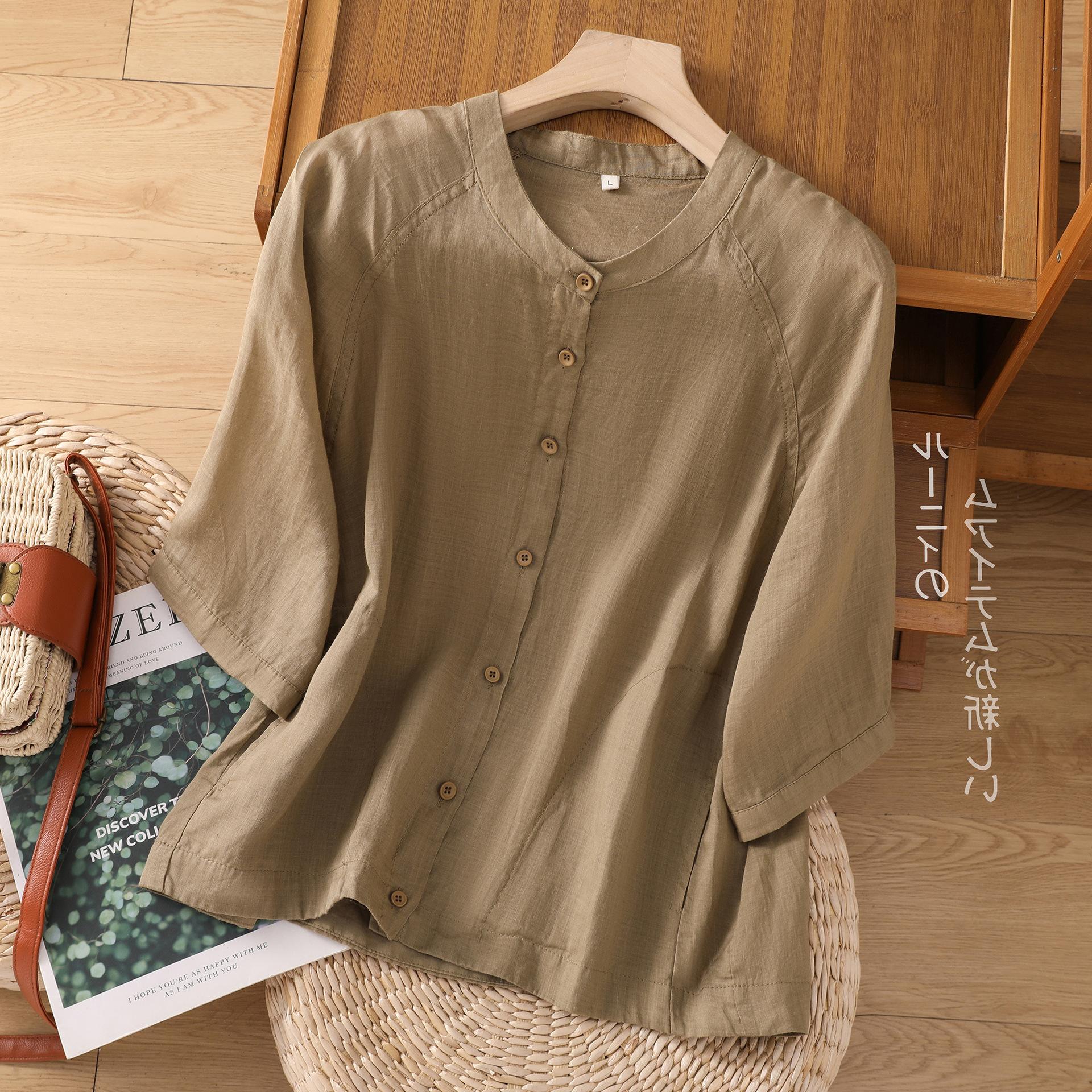 

2025 летняя новинка ретро двойной пуловер из рами, женская тонкая темпераментная рубашка с круглым вырезом и рукавом пять четвертей, однотонная рубашка 2XL хаки