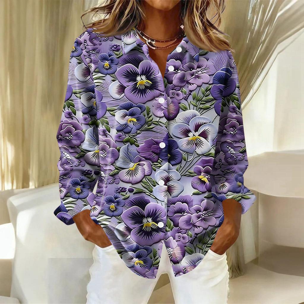 Women's Shirt With Floral Print Buttons, Long Sleeved Casual Regular Shirt  Blouses Casual Plus Size Basic Tops