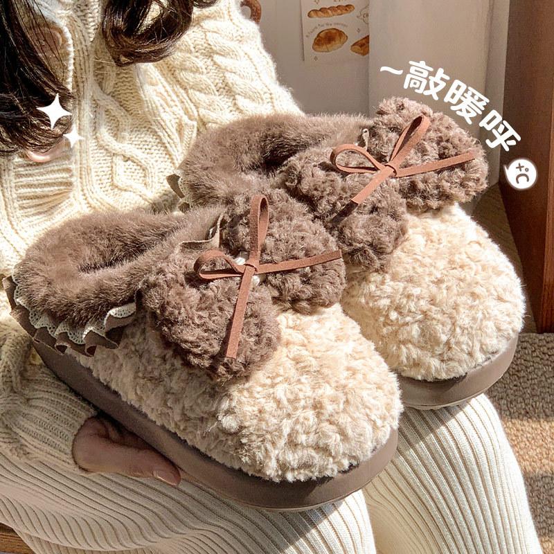 Winter new bow girl ballet wind cotton mop thickened warm plush home wear casual slippers