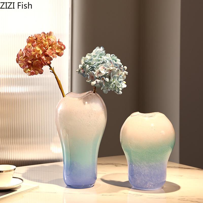 Cute Pink Blue Gradient Glass Vase Hydroponics Plant Pots Table Decoration Flower Arrangement Floral Vases Room Aesthetic Decor