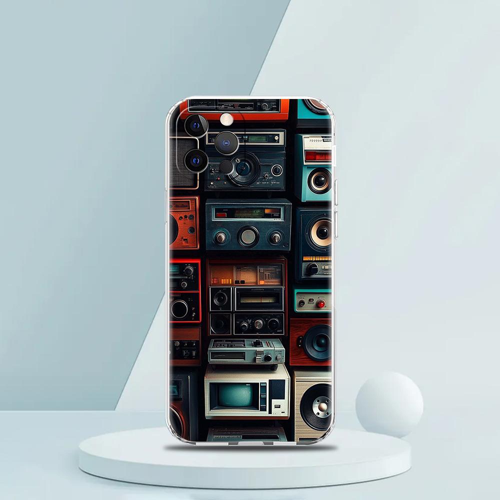 

Soft TPU Transparent Phone Case Cover for iPhone 16 15 14 13 12 11 Pro Max XR 8 7 Plus XR Shell Retro Radio Graphic Pattern Bags for iPhone 8 7