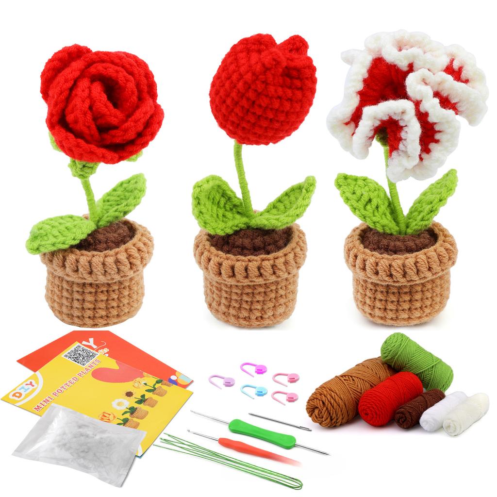 3/6pcs Crochet Potted Flower Kit for Beginners with Video Tutorial Cotton Knitting Yarn Thread Needles Hooks Knit Tool Set