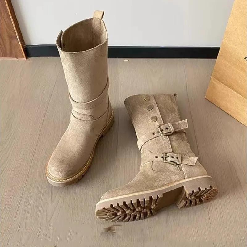 Fashion Retro Platform Western Cowboy Boots for Women Buckle Designer Autumn Winter Women's Shoes Cow Suede Fashion Casual Boots Female
