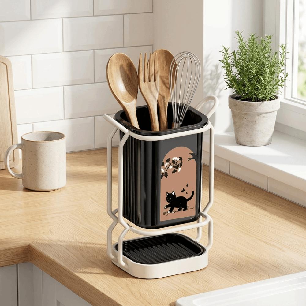 Cute Cat Pattern Kitchen Storage Rack Standing Cutlery Organizer Chopstick Holder Home Use