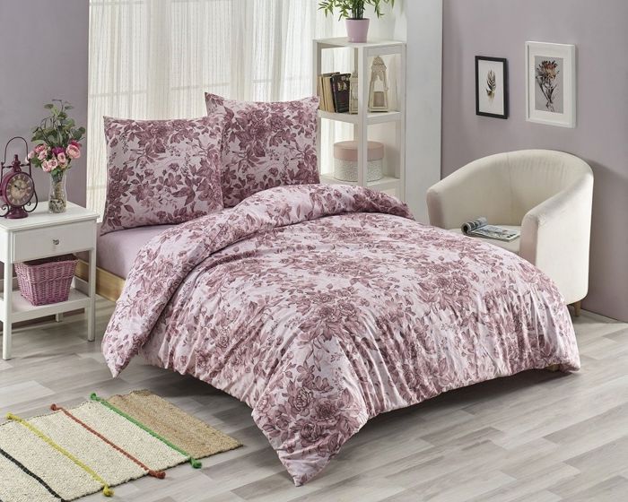 Parure de lit - SOFRANO - Rose - 220x240 cm - 1 housse de couette - 2 taies d'oreillers