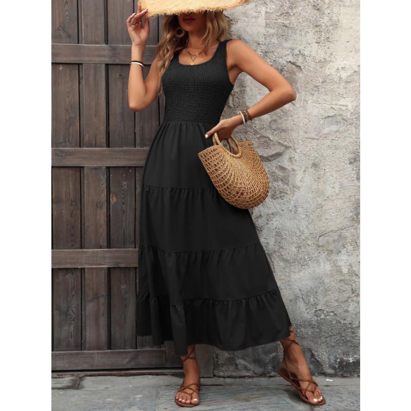 Summer Women's Halter Dress Drawstring Pleated Splicing A-line Large Swing Dresses