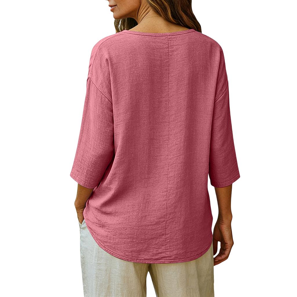 Women's Fashionable Loose-Fit Cotton-Linen V-Neck Casual Pullover With 3/4 Sleeves