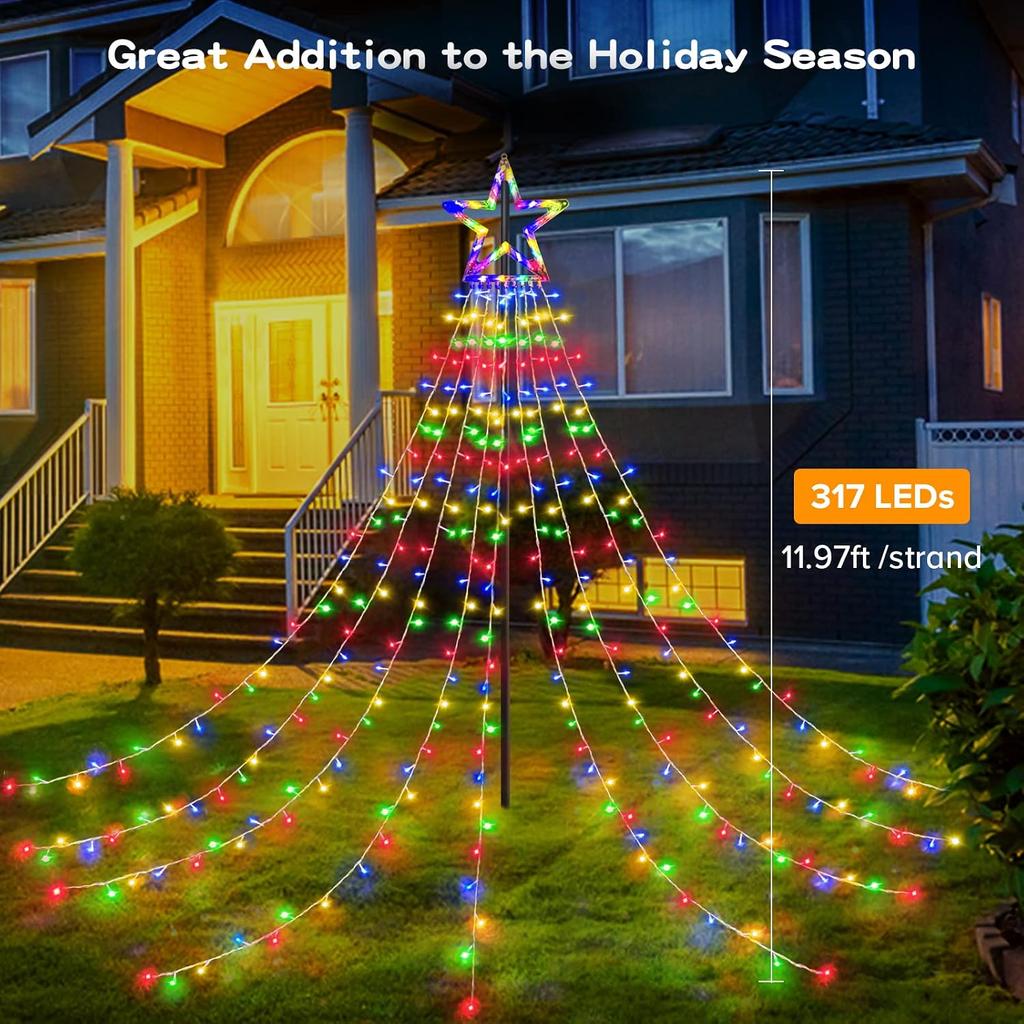 BlcTec Outdoor Christmas Decorations 317 LEDs Christmas Lights with 9 Strands 11.9ft Waterfall Christmas Tree Lights, 8 Modes, Waterproof, Topper