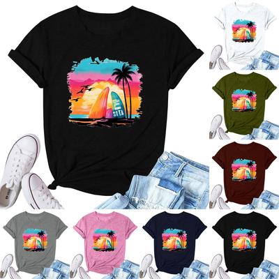 Women's Fashion Printed Casual Pleated Round Short Sleeve T-Shirt Top