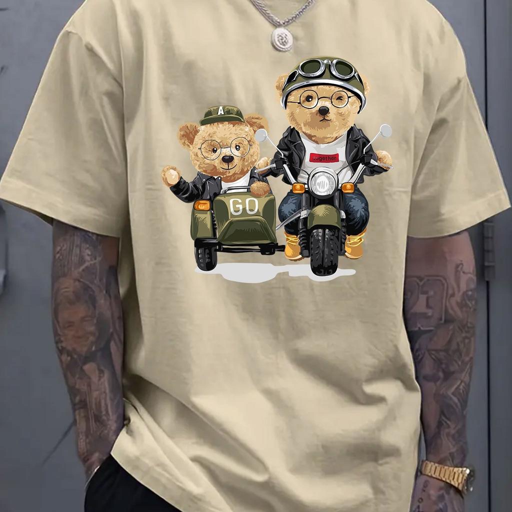 Summer 100 Cotton Fashionable Casual Sports Loose Cartoon Bear Pattern Printed Round Neck Short Sleeved Men's T-shirts