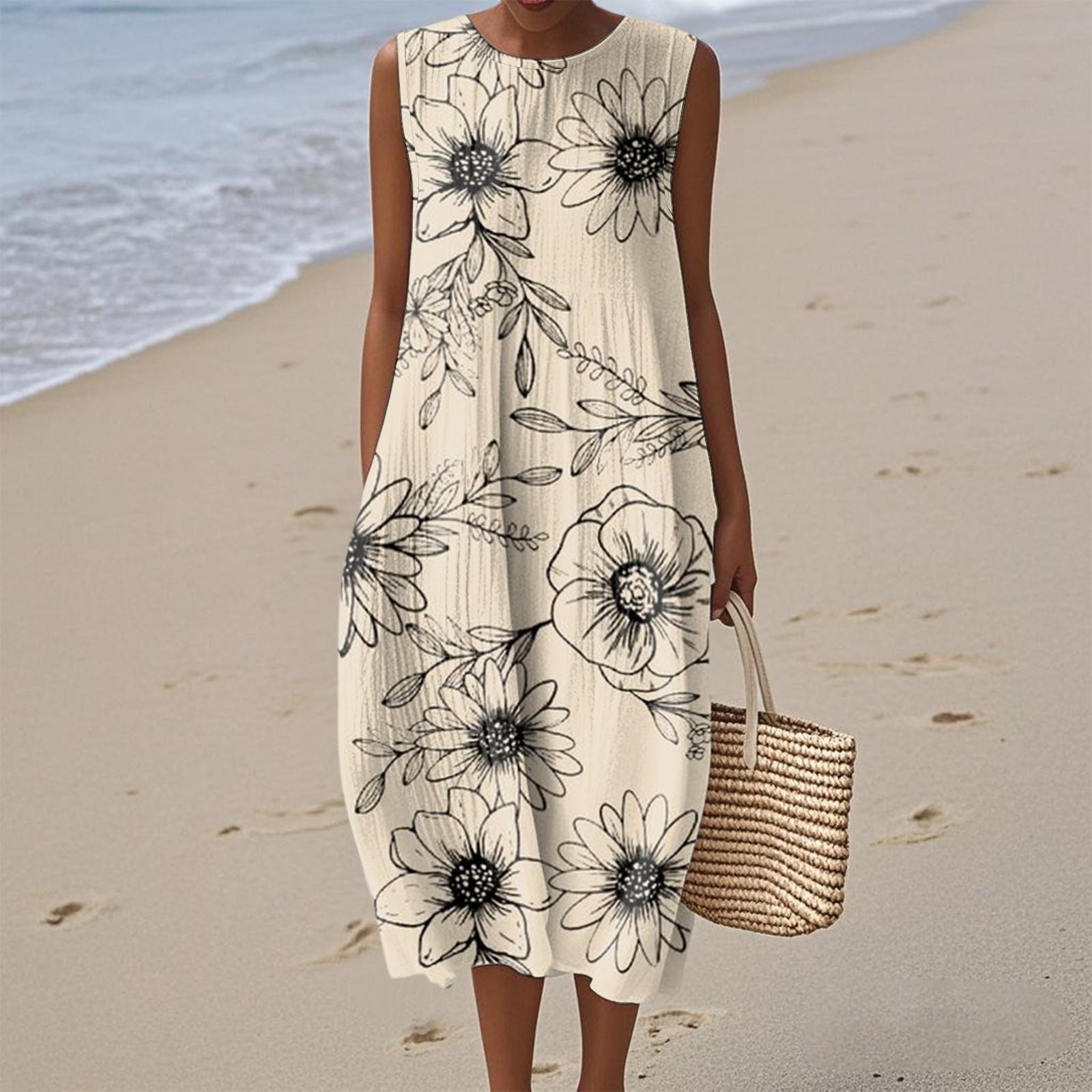 

Женское модное повседневное платье без рукавов с круглым вырезом и цветочным принтом, элегантное, темпераментное XL