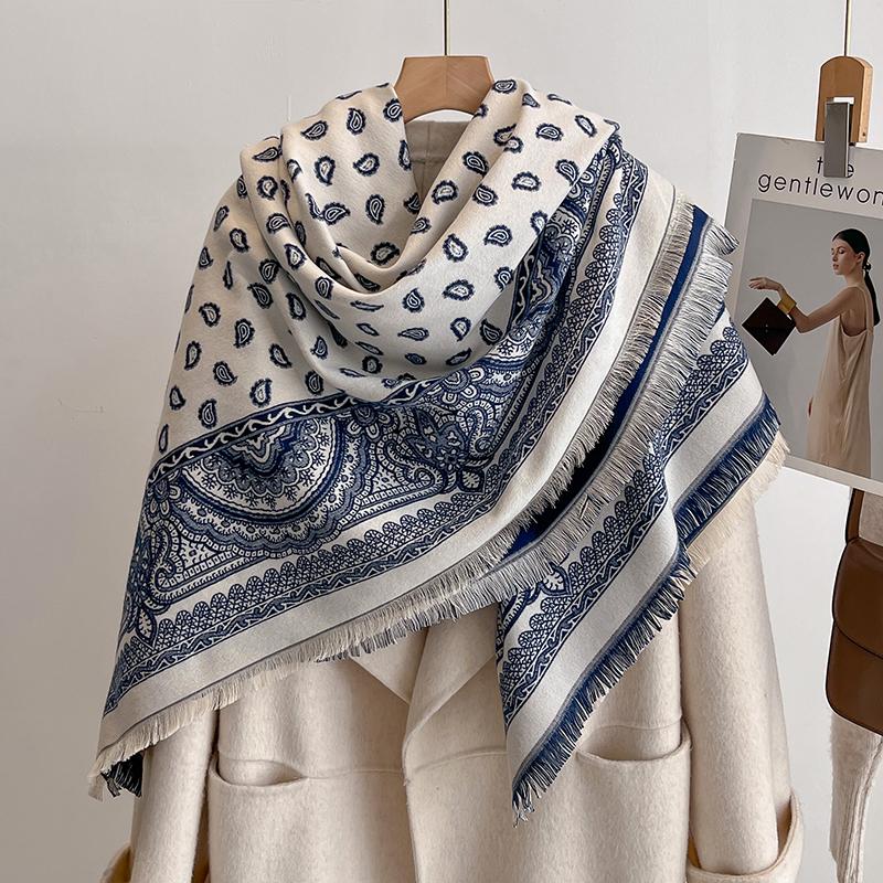 Women'S Fashion Faux Cashmere Winter Scarf Vintage Print With Tassels Thick Warm Pashmina Two-Sided Wrap Outdoor Shawls Foul