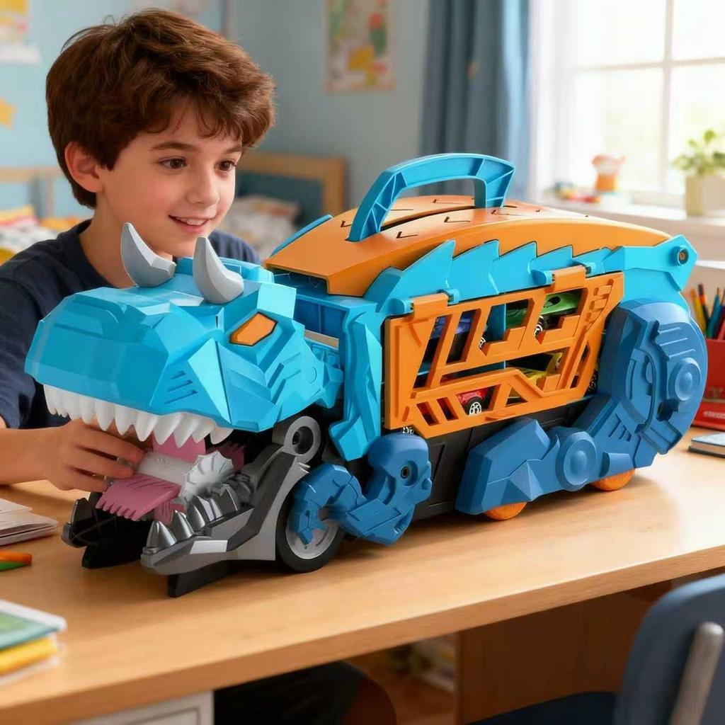 Children's Dinosaur Transport Truck, Containing 6 Alloy Cars, Blue/Green Dinosaur Race Track Storage Vehicle, Boy's Gift