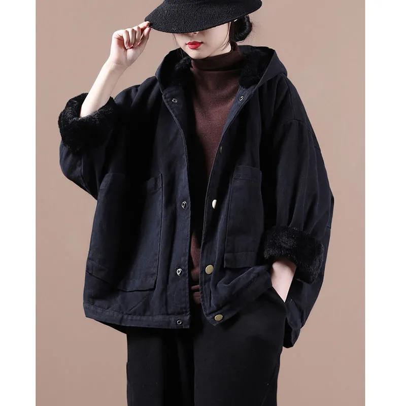Dámská podzimní prošívaná bunda Volný retro etnický styl S přezkou Zesílený kabát
