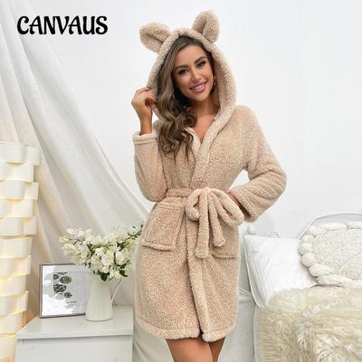 Peignoir de bain épais en flanelle pour femme, couleur unie, avec capuche et cravate, collection automne et hiver