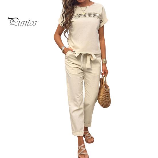 

2 шт./компл., женский топ, брюки, костюм с круглым вырезом, короткими рукавами, карманами, шнуровкой на талии, сплошной цвет, повседневная свободная дышащая женская повседневная футболка, комплект брюк 3XL абрикосовый