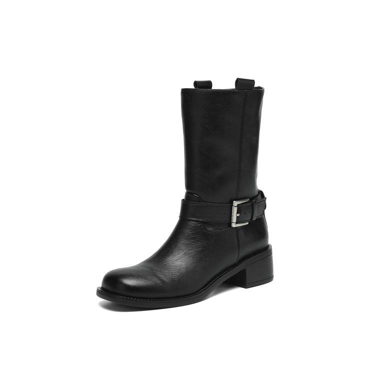 Fashion New Autumn/winter Split Leather Women Boot Round Toe Shoes for Women Fashion Boots Chunky Heels Mid-calf Boots Western Boots