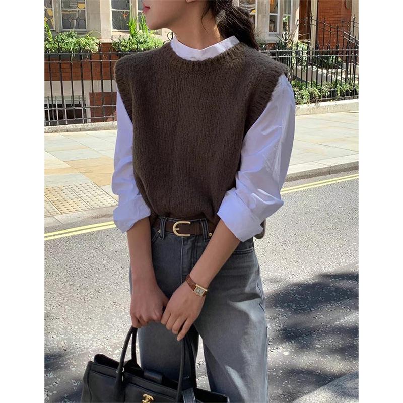 H* overt Solid Color Round Neck Knitted Vest 2024 - Early Autumn Korean Style Layered Top for Women Commuting