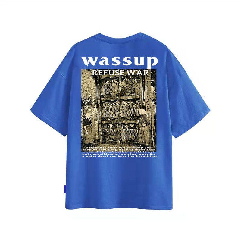 Wassup Heods American Heavy-Duty Vintage Printed Short-Sleeve T-Shirt for Men, National Trend, Pure Cotton, Loose Oversize