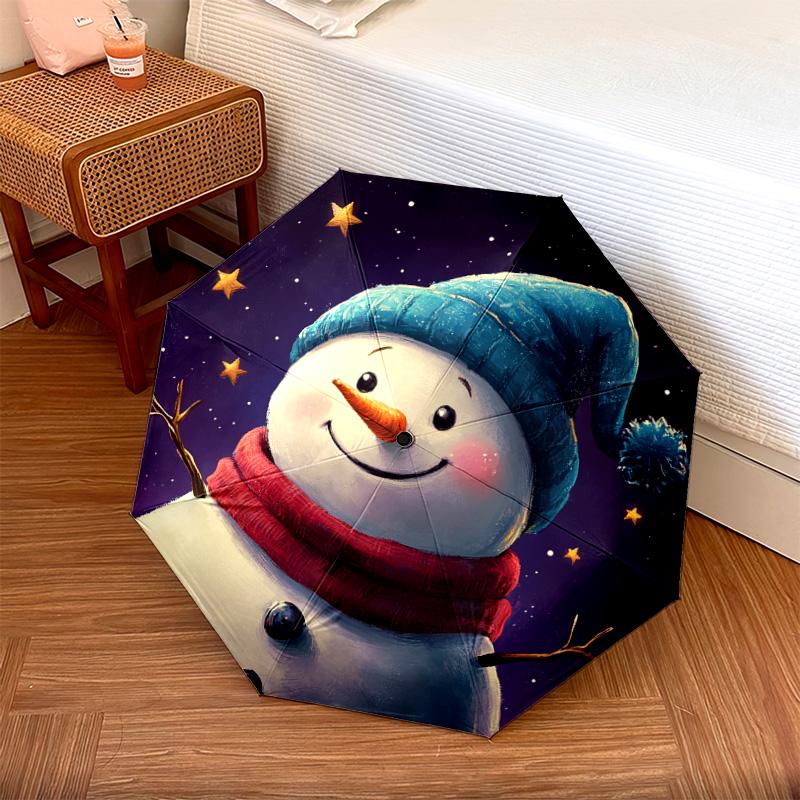 1 Stück Automatischer Faltregenschirm - Schneemann Winter Nacht Muster, Tragbares & Faltbares Design mit 8 Speichen, Weihnachts-Geburtstagsgeschenke