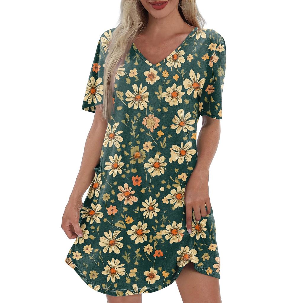 Summer Dresses For Women Loose V Neck Short Sleeve Casual T Shirt Dress Sundresses Swimsuit Coverup With Pockets